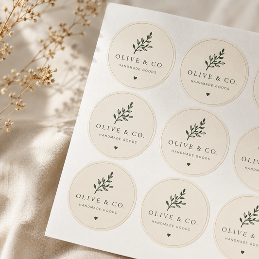 Sheet of round stickers with 'Olive & Co.' branding on a beige surface with dried plants.