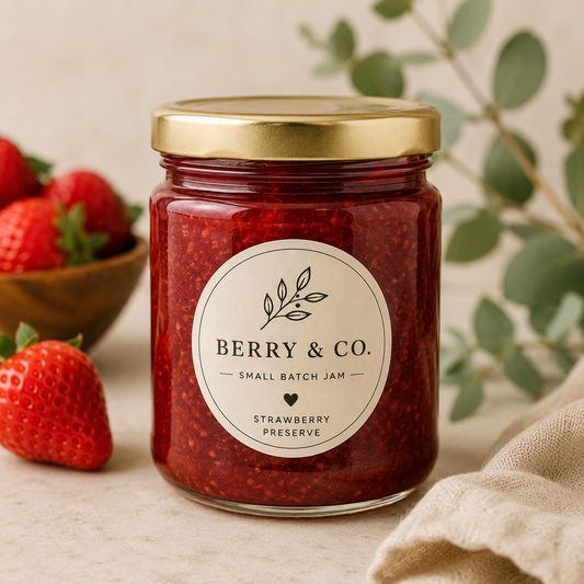 Jar of strawberry preserve with a 'Berry & Co.' label, surrounded by strawberries and greenery.