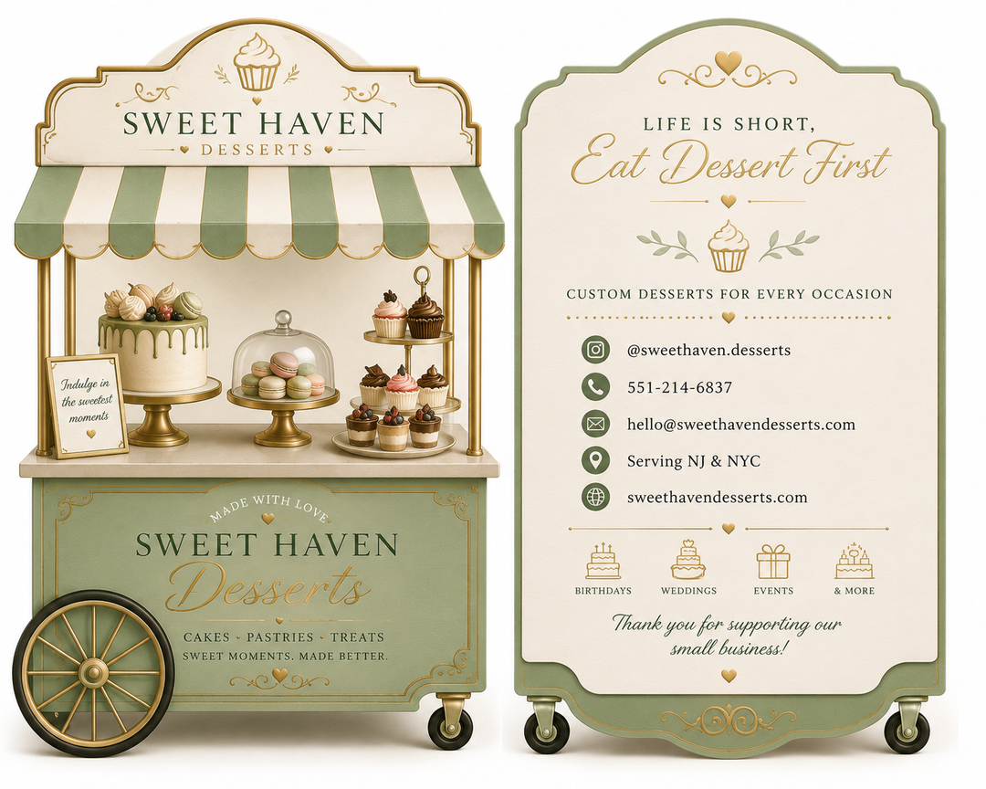 Sweet Haven Desserts cart with a side view of the business card.