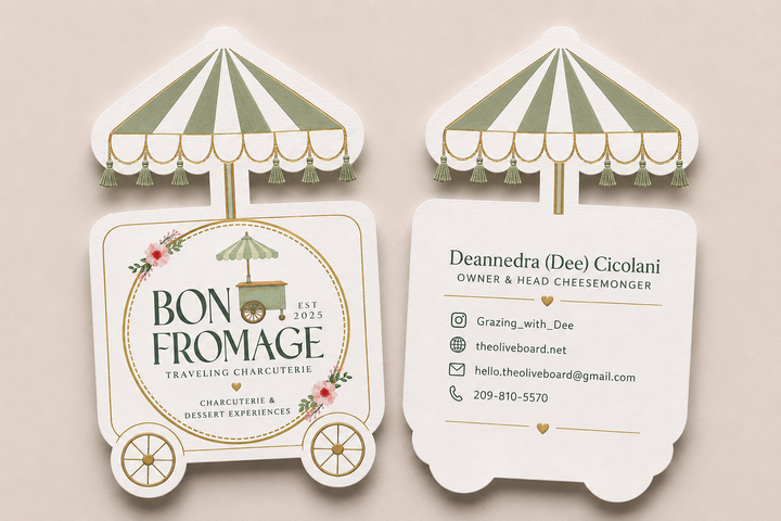 Two business cards with an umbrella design on a beige background