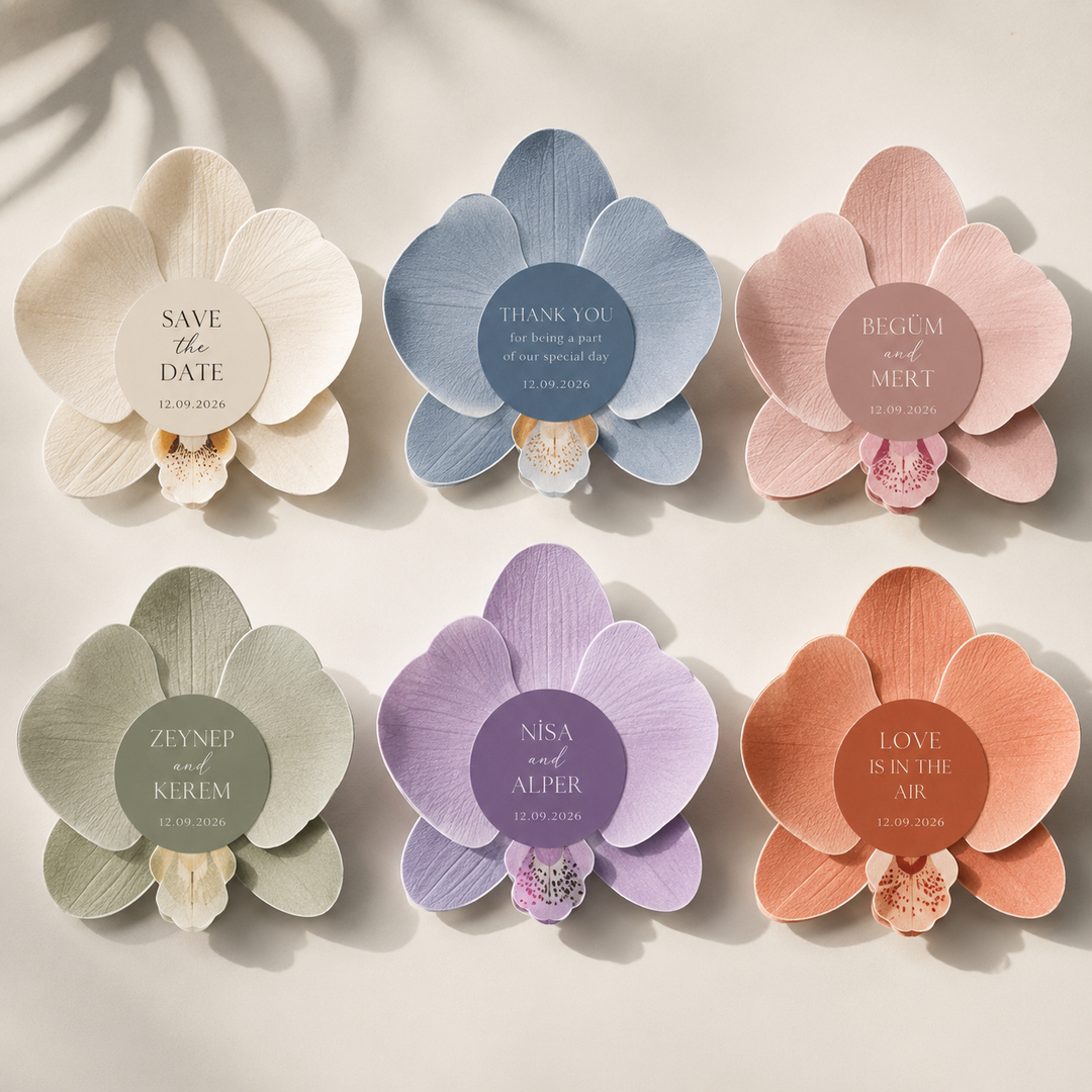 Set of flower-shaped cards with personalized text on a light background