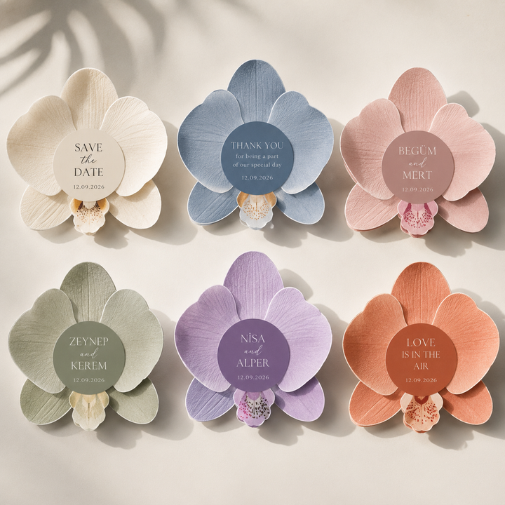 Set of flower-shaped cards with personalized text on a light background