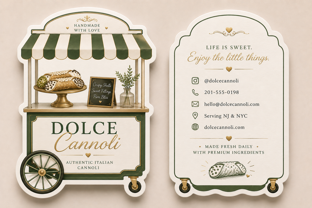 Dolce Cannoli business card with vintage cart design on a beige background