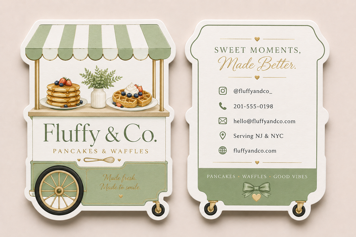 Business card design for Fluffy &amp; Co. with a pancake cart illustration on a beige background.