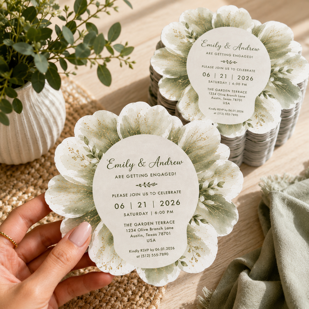 Floral-themed engagement invitation held by a hand with more invitations and greenery in the background.