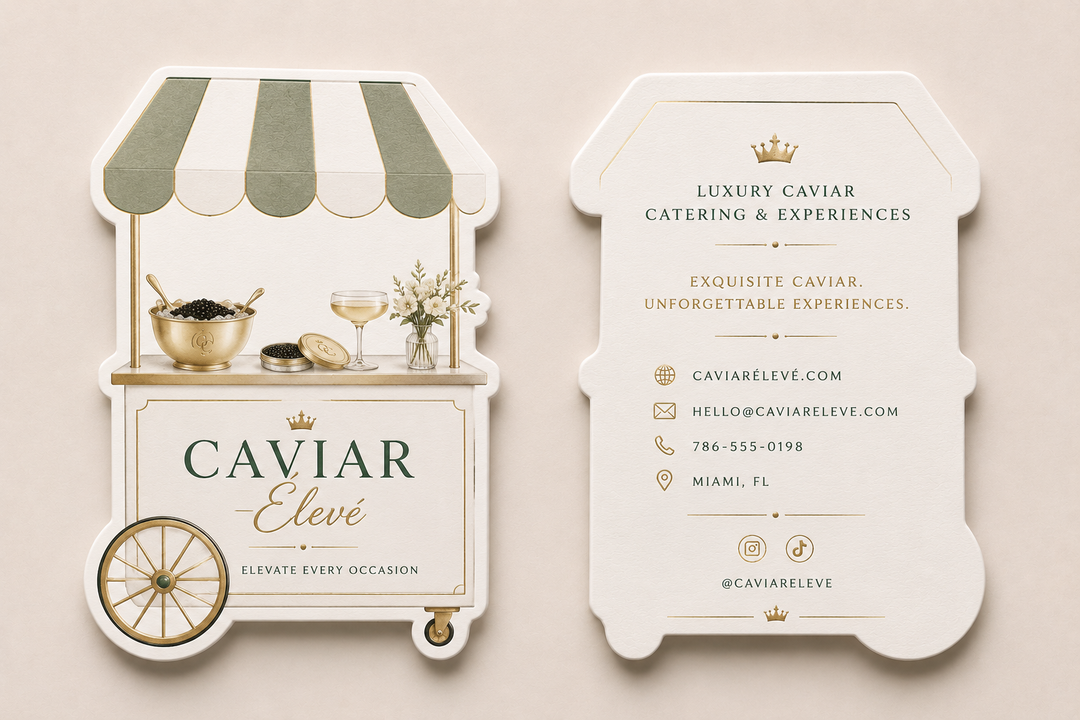 Caviar service branding with a cart and contact information on a beige background