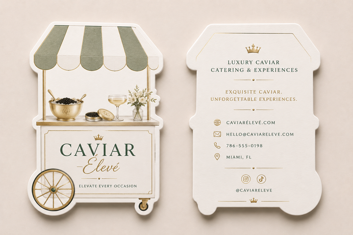 Caviar service branding with a cart and contact information on a beige background