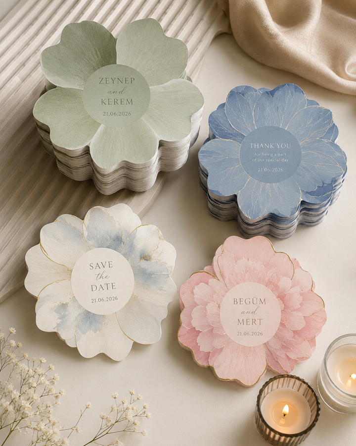 Flower-shaped cards in pastel colors with personalized text on a soft background.