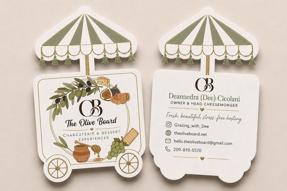 Business card design for The Olive Board with decorative elements and contact information.