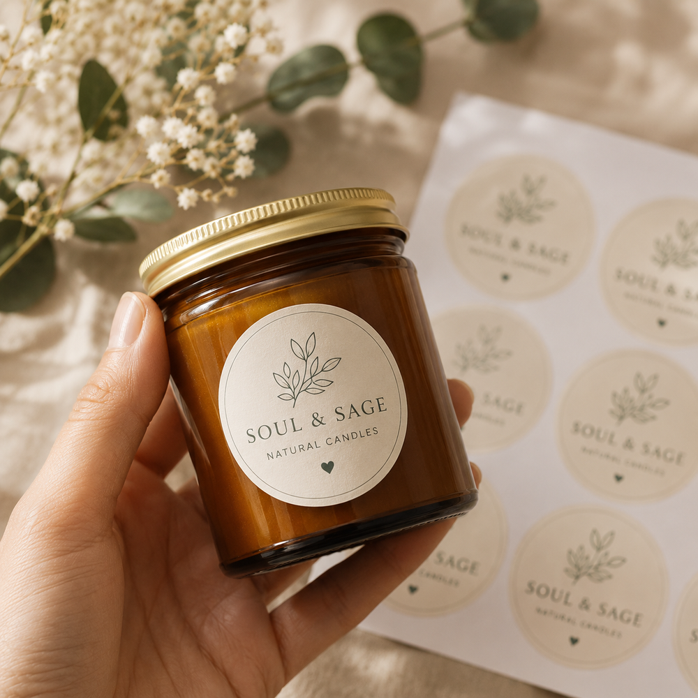Hand holding a brown candle jar labeled 'Soul & Sage' with a matching label on a beige surface.