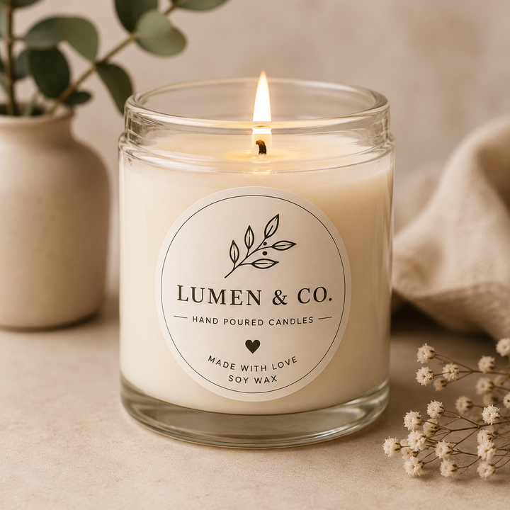 Lumen &amp; Co. candle with a label on a neutral background