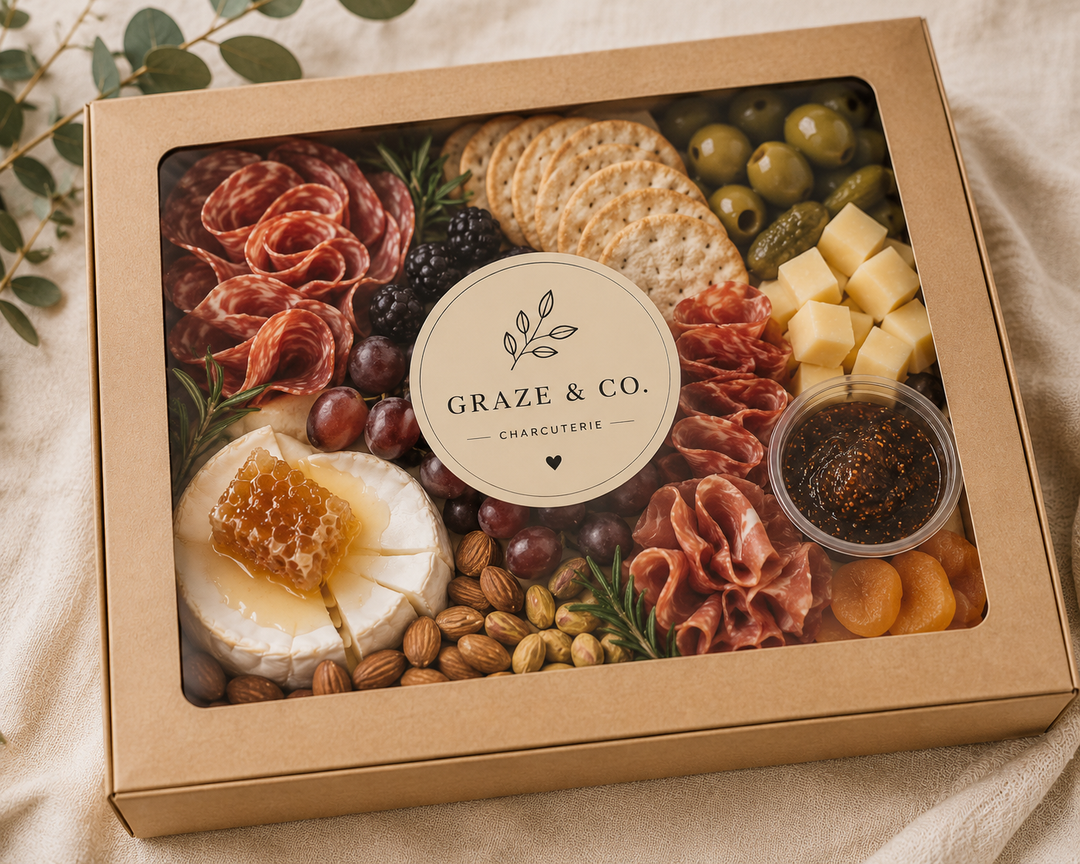 Graze &amp; Co charcuterie box with various meats, cheeses, and nuts on a light background.