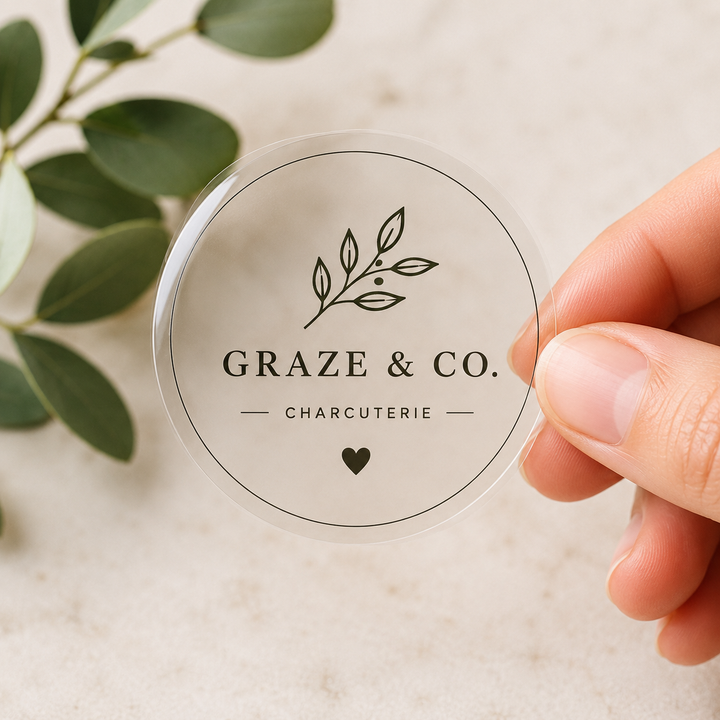 Hand holding a round clear sticker with &
