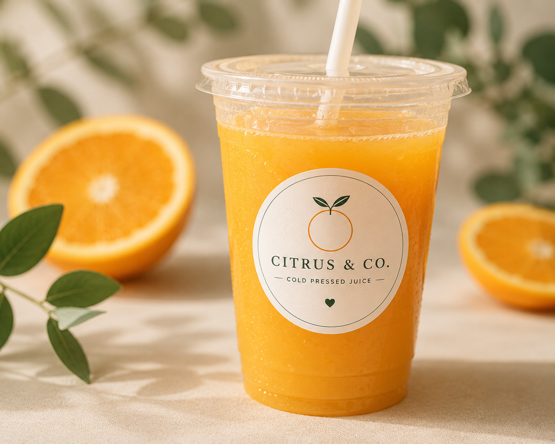 Cold pressed juice from Citrus &amp; Co. with oranges and greenery in the background