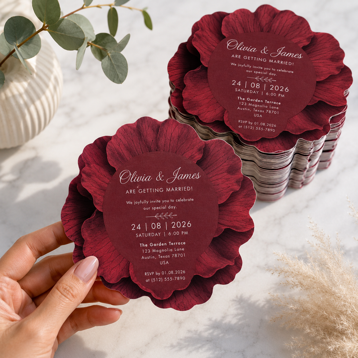 Red floral wedding invitations with a hand holding one, on a light background.
