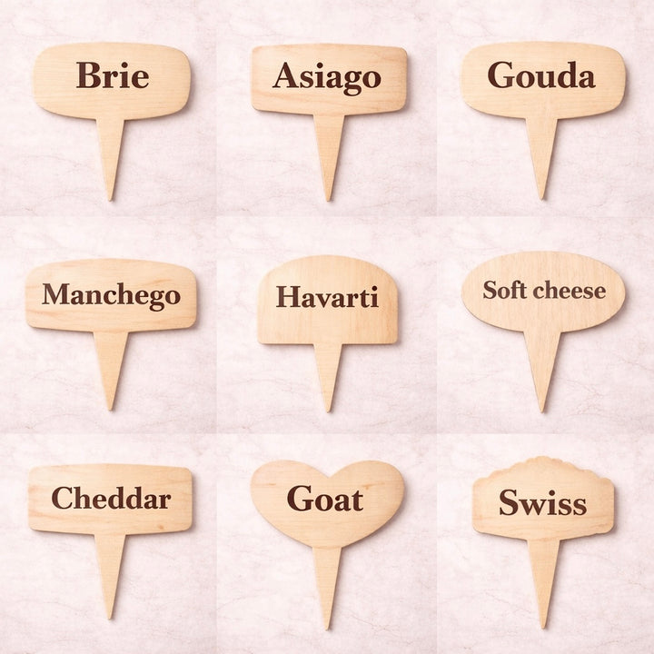 Custom Charcuterie Picks | Branded Wooden &amp; Acrylic Cheese Pick Tags