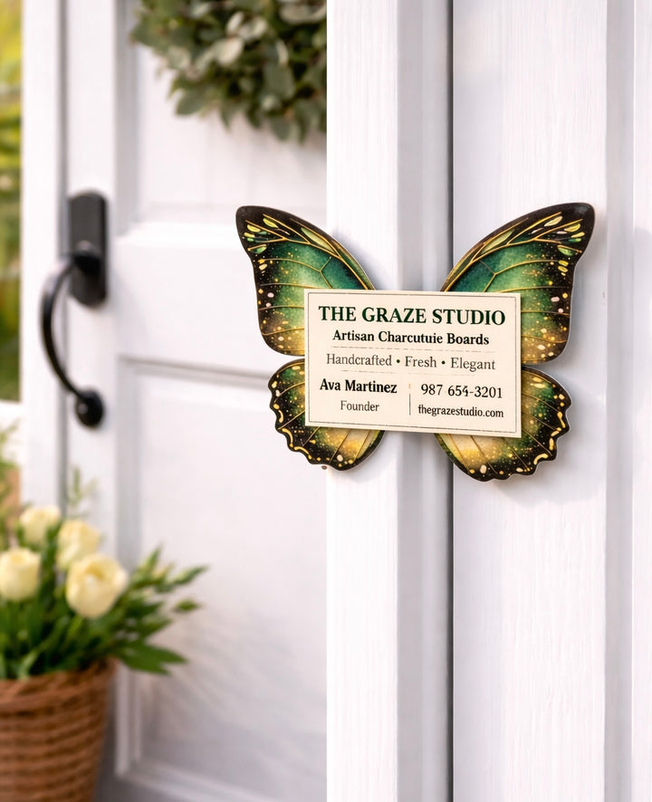 Butterfly-shaped business card holder with a business card on a white door.