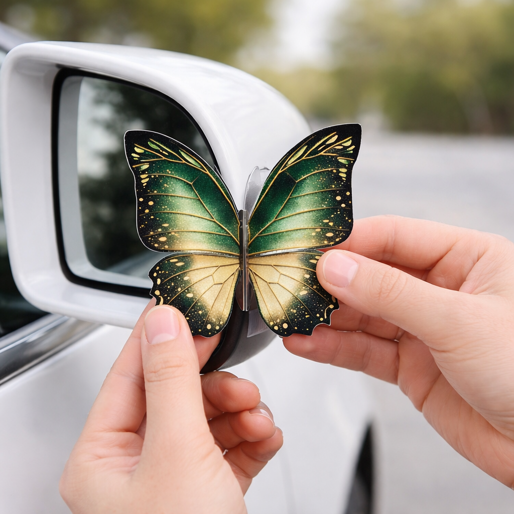 Butterfly-shaped car magnet being held by a person with a car&