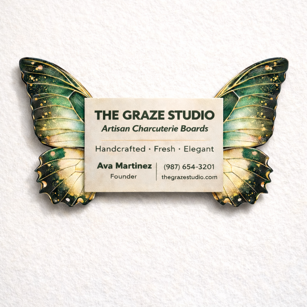 Butterfly-shaped business card for The Graze Studio on a white background