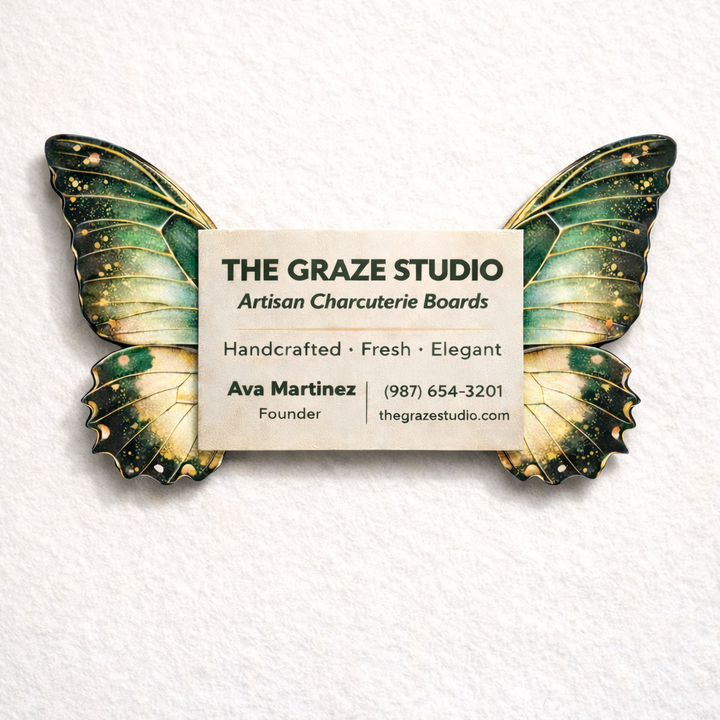 Butterfly-shaped business card for The Graze Studio on a white background