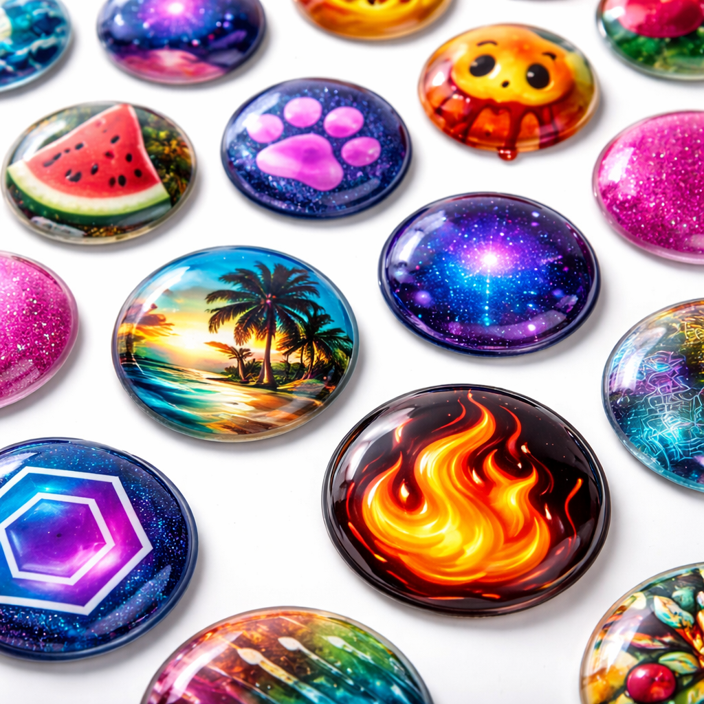 Collection of colorful glass cabochons with various designs on a white background