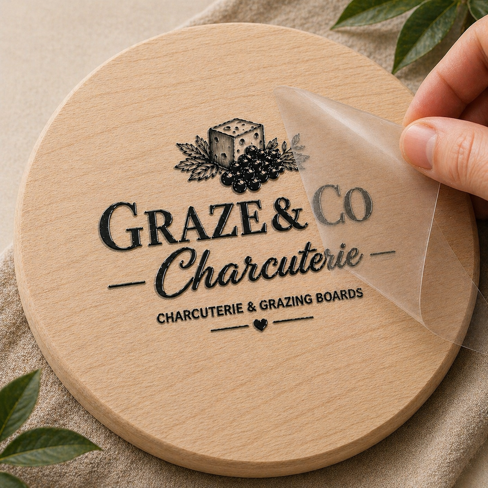 Wooden board with 'Graze & Co Charcuterie' branding, held by a hand with a clear plastic sheet.