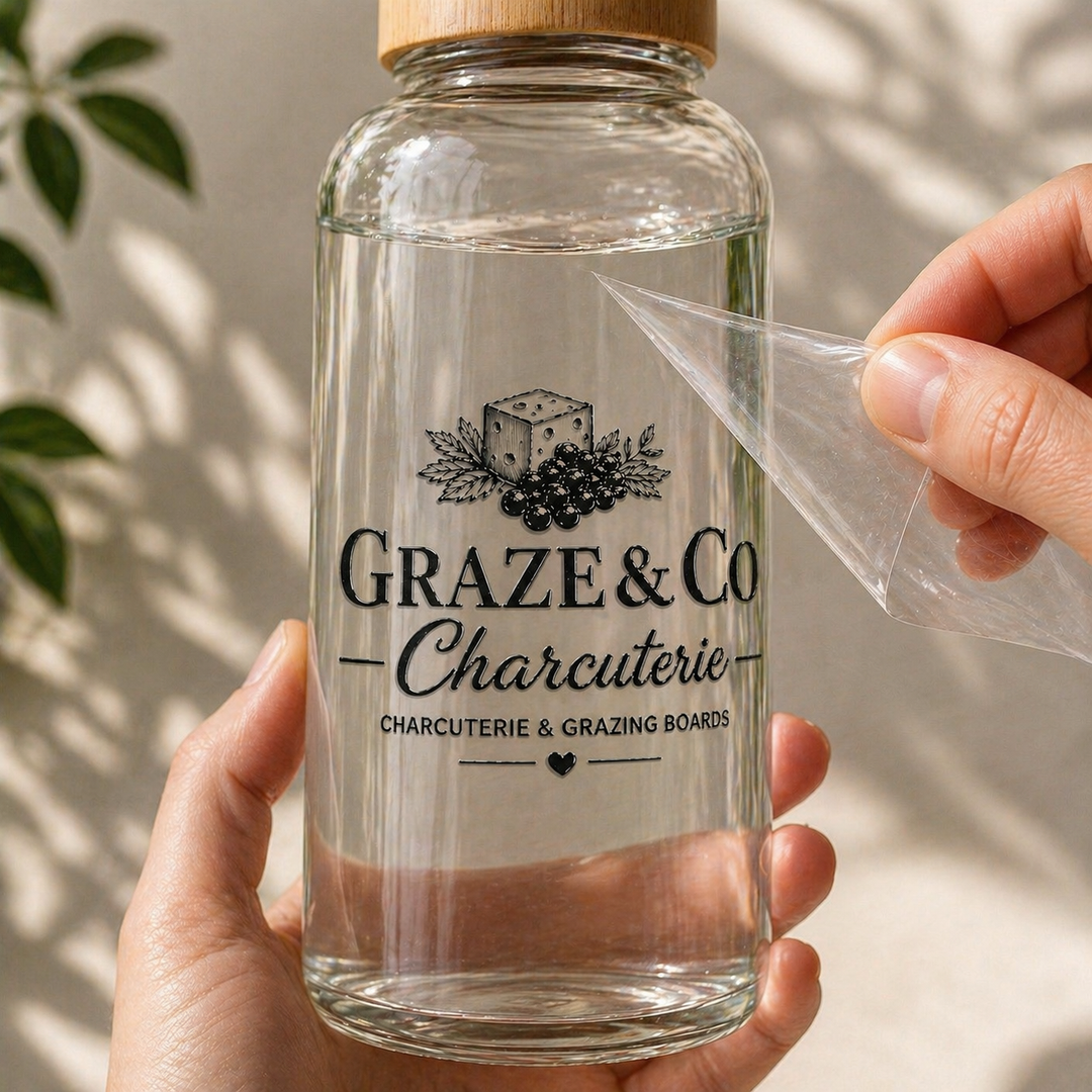 Glass jar with wooden lid held by a hand, featuring &