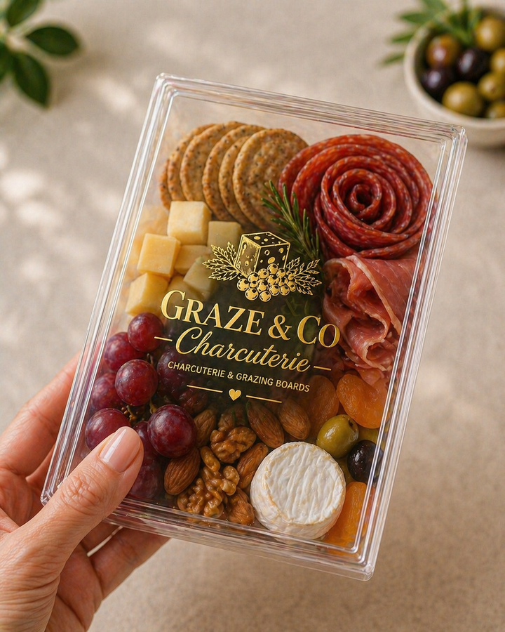 Graze &amp; Co charcuterie board held by a hand with a blurred background