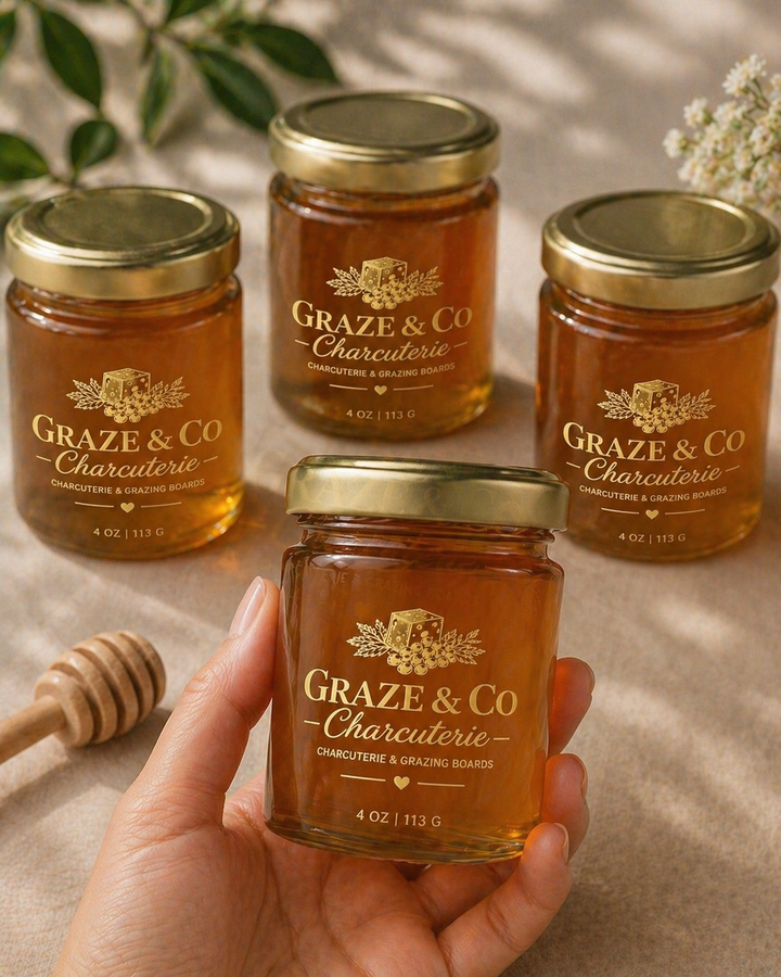 Four jars of Graze &amp; Co Charcuterie honey on a wooden surface with a hand holding one jar.