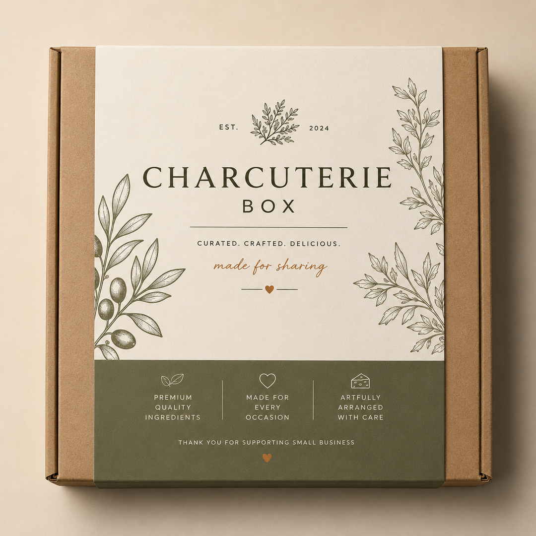 Charcuterie box packaging with branding and design elements on a beige background