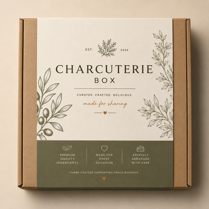 Charcuterie box packaging with branding and design elements on a beige background