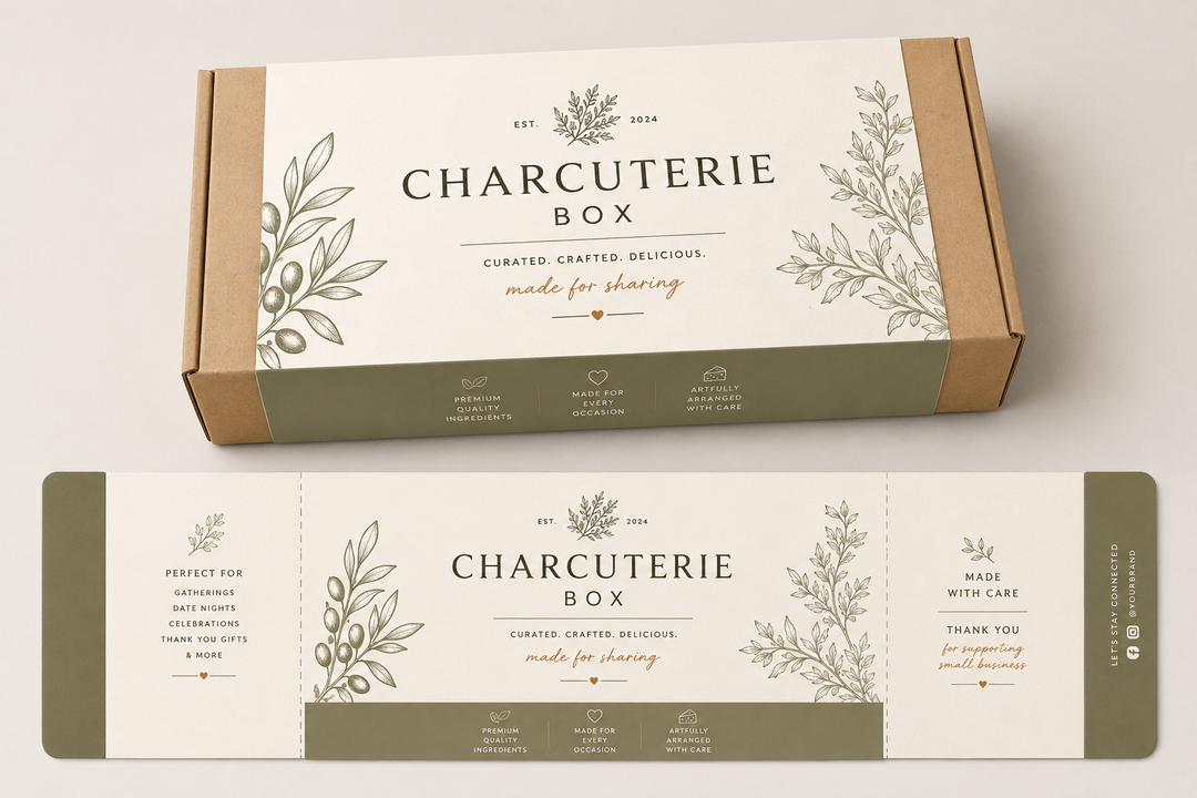 Charcuterie box packaging with branding and design elements on a light background