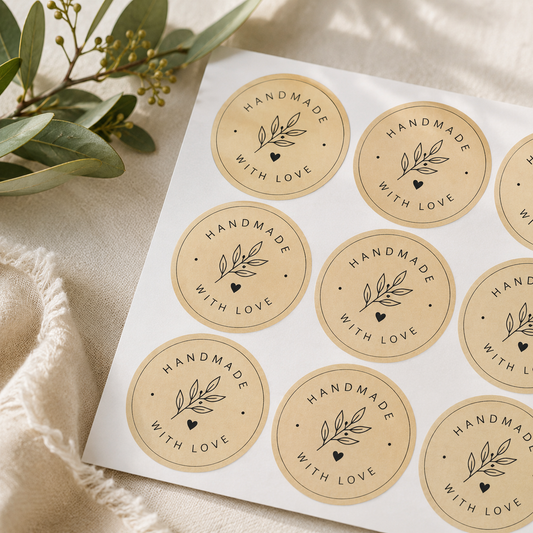 Sheet of round stickers with 'Handmade with Love' text on a beige surface with greenery.